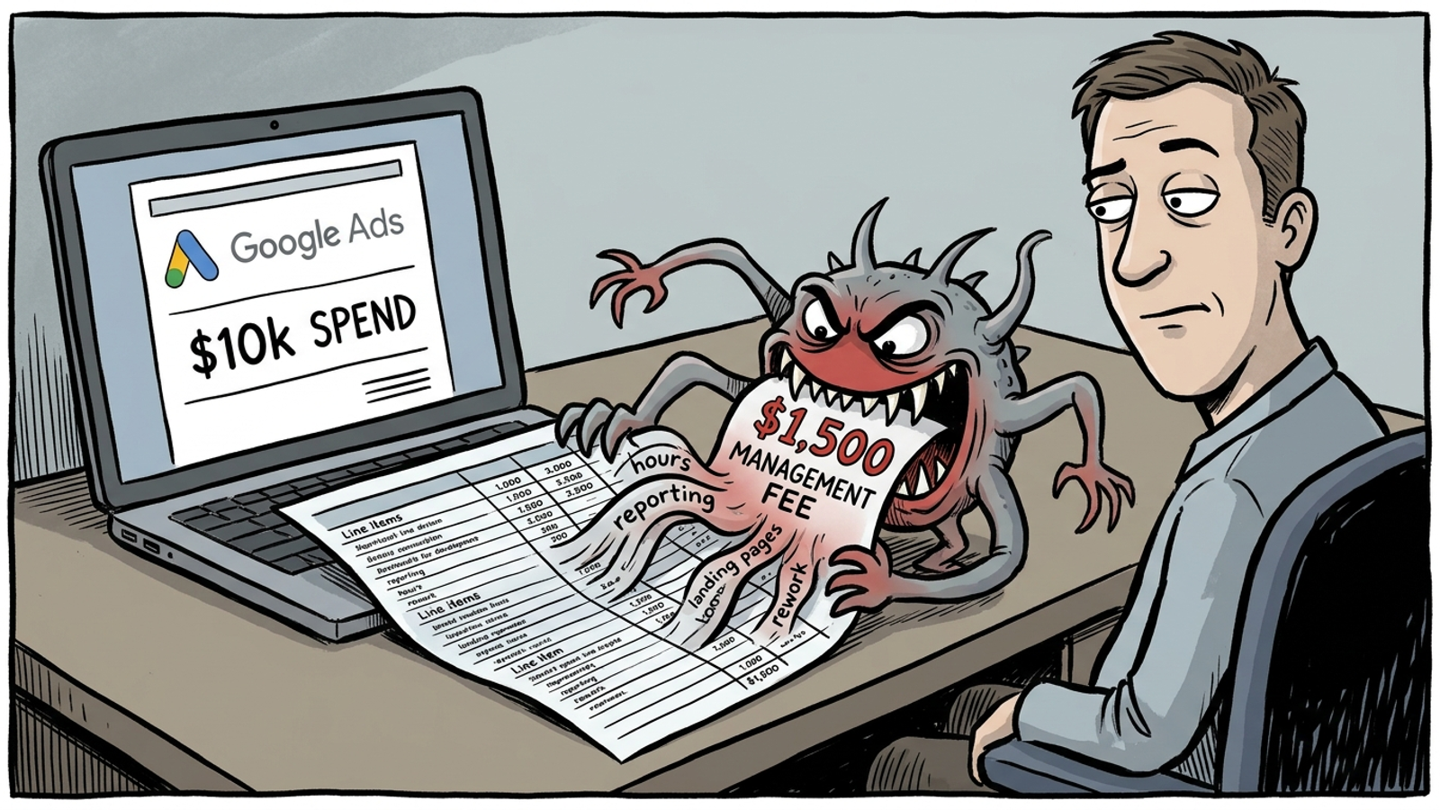 Cartoon spreadsheet with a small software line dwarfed by growing account costs