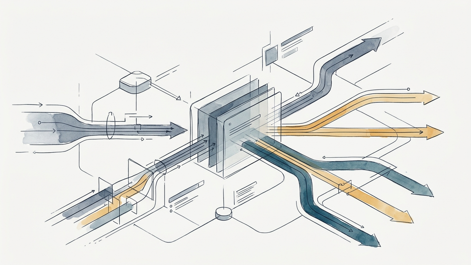 Illustration of an automated control centre routing data around a translucent core.