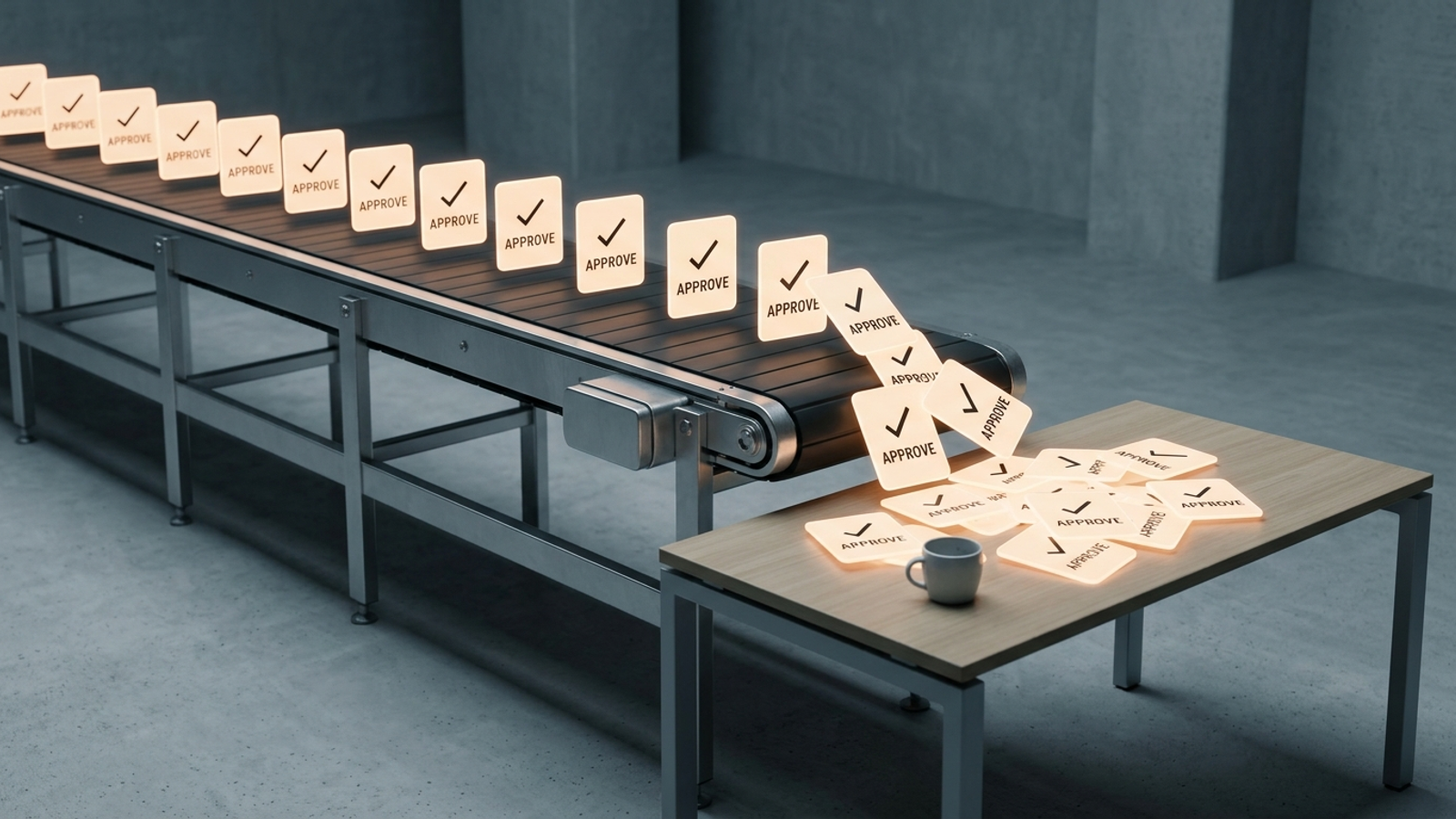 An industrial conveyor belt delivering digital approval cards to an empty desk.