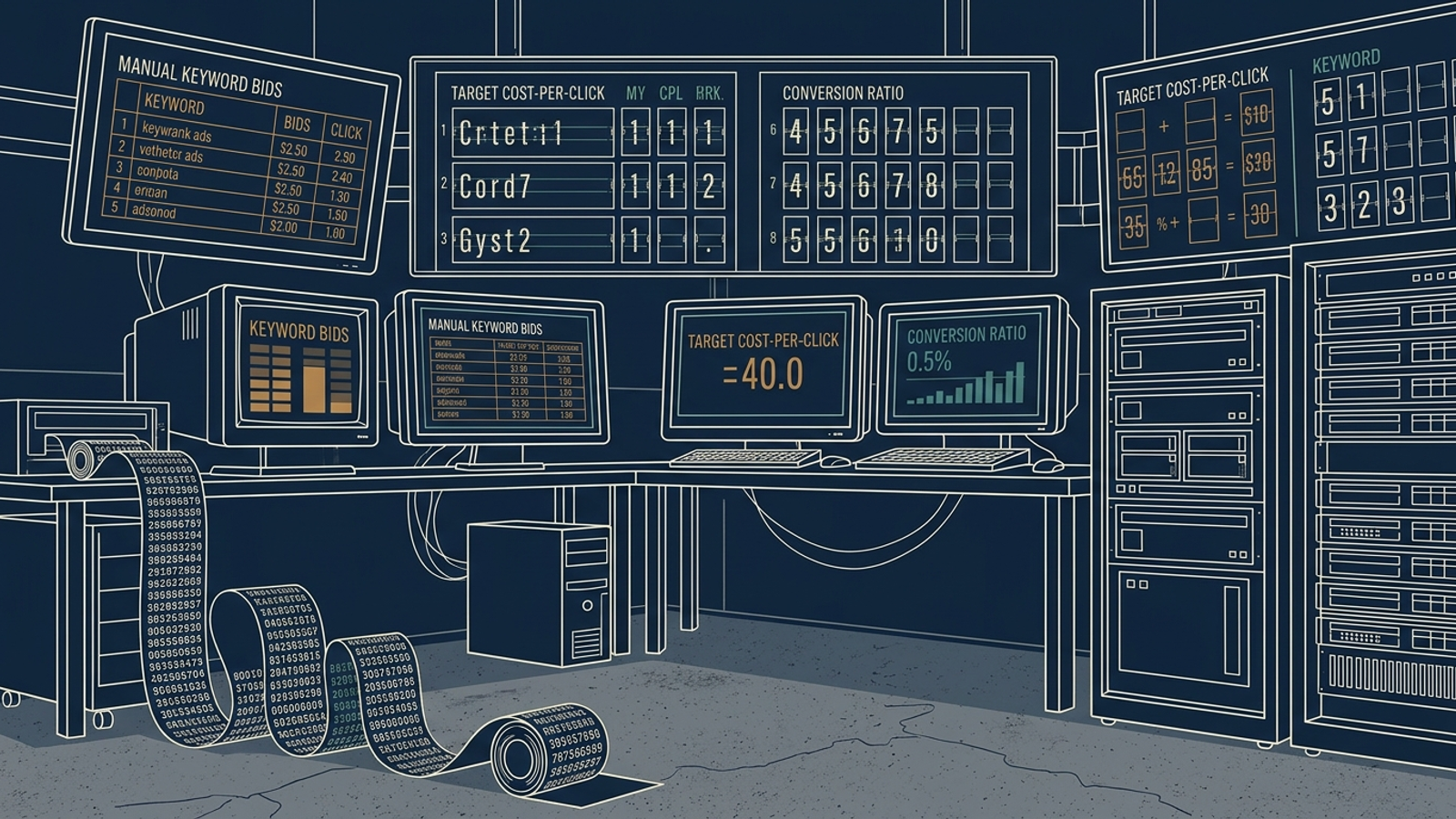 Editorial illustration of a 2015 ad-tech command room with server racks, bid tickers and paper piling on the floor.