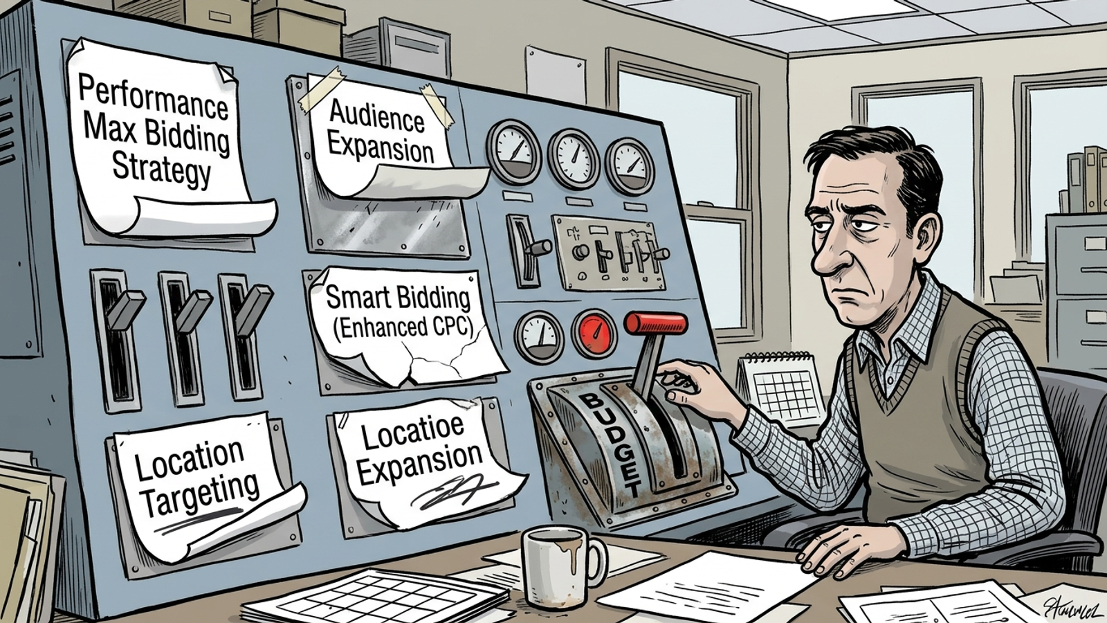 Cartoon control panel with dials that are stickers