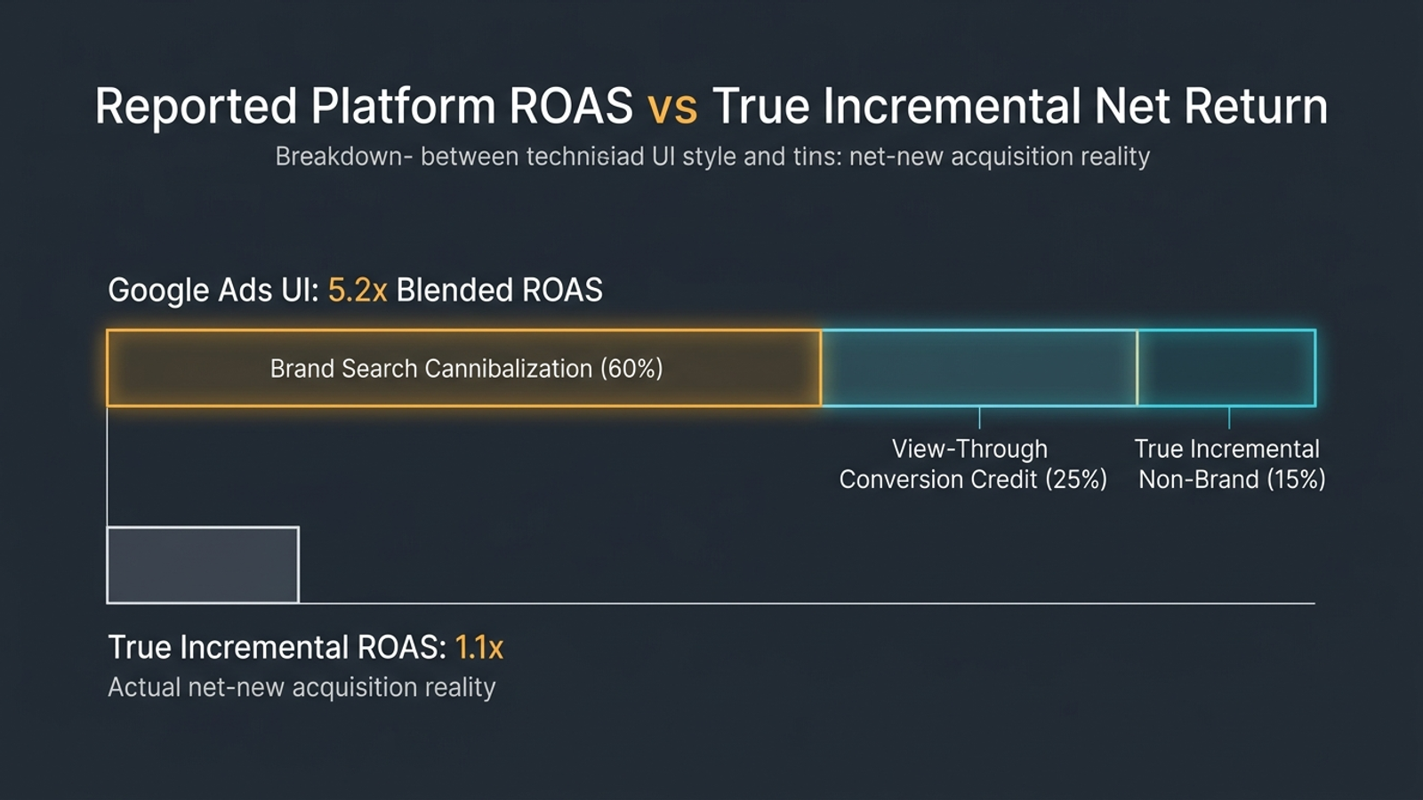 Diagram separating platform-reported blended ROAS from the question of incremental return.