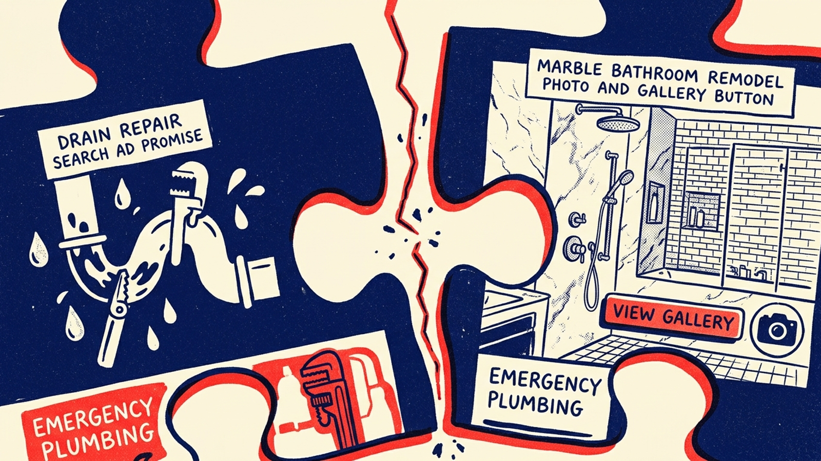 Cartoon puzzle pieces: a drain-repair search ad fails to fit a bathroom-remodel landing page