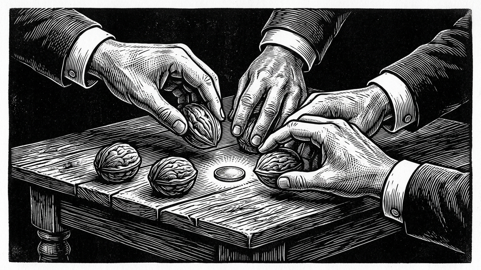 Woodcut-style shell game with three walnut shells, hidden coins, and hands reaching across a table.