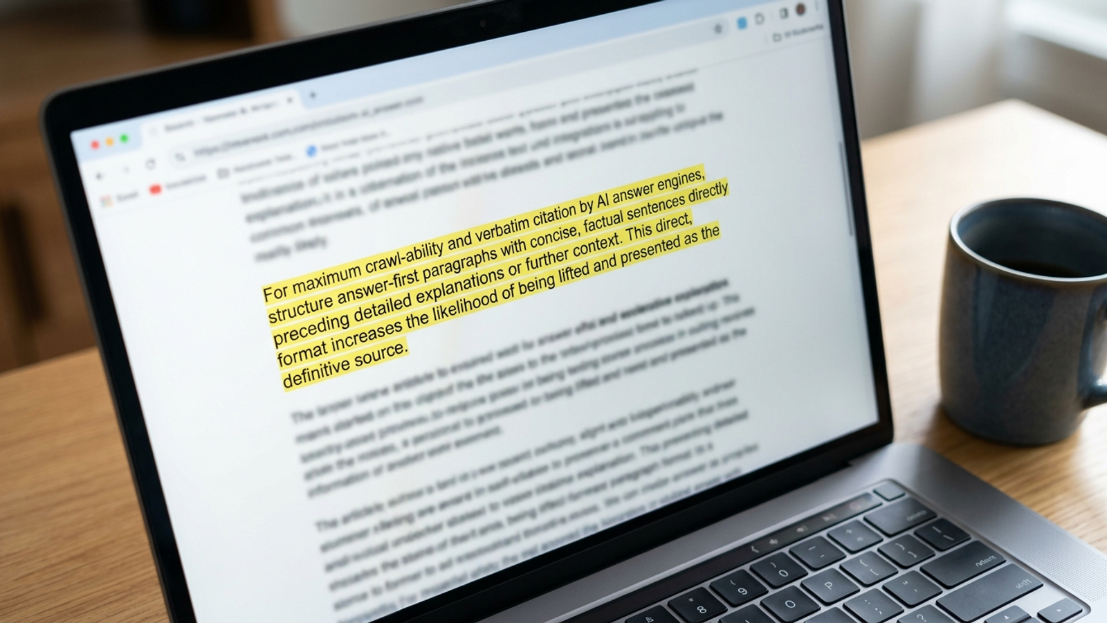 Close-up of an answer-first paragraph highlighted on a laptop screen