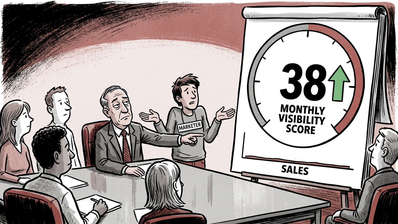 Cartoon monthly report with a large visibility-score dial beside a small, flat sales line