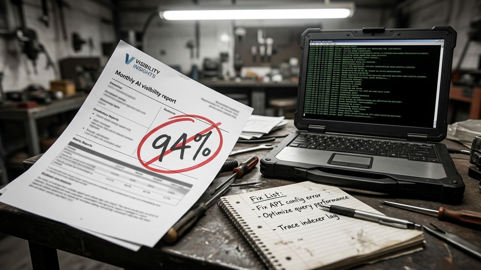 Marked-up AI report on a workshop bench beside tools