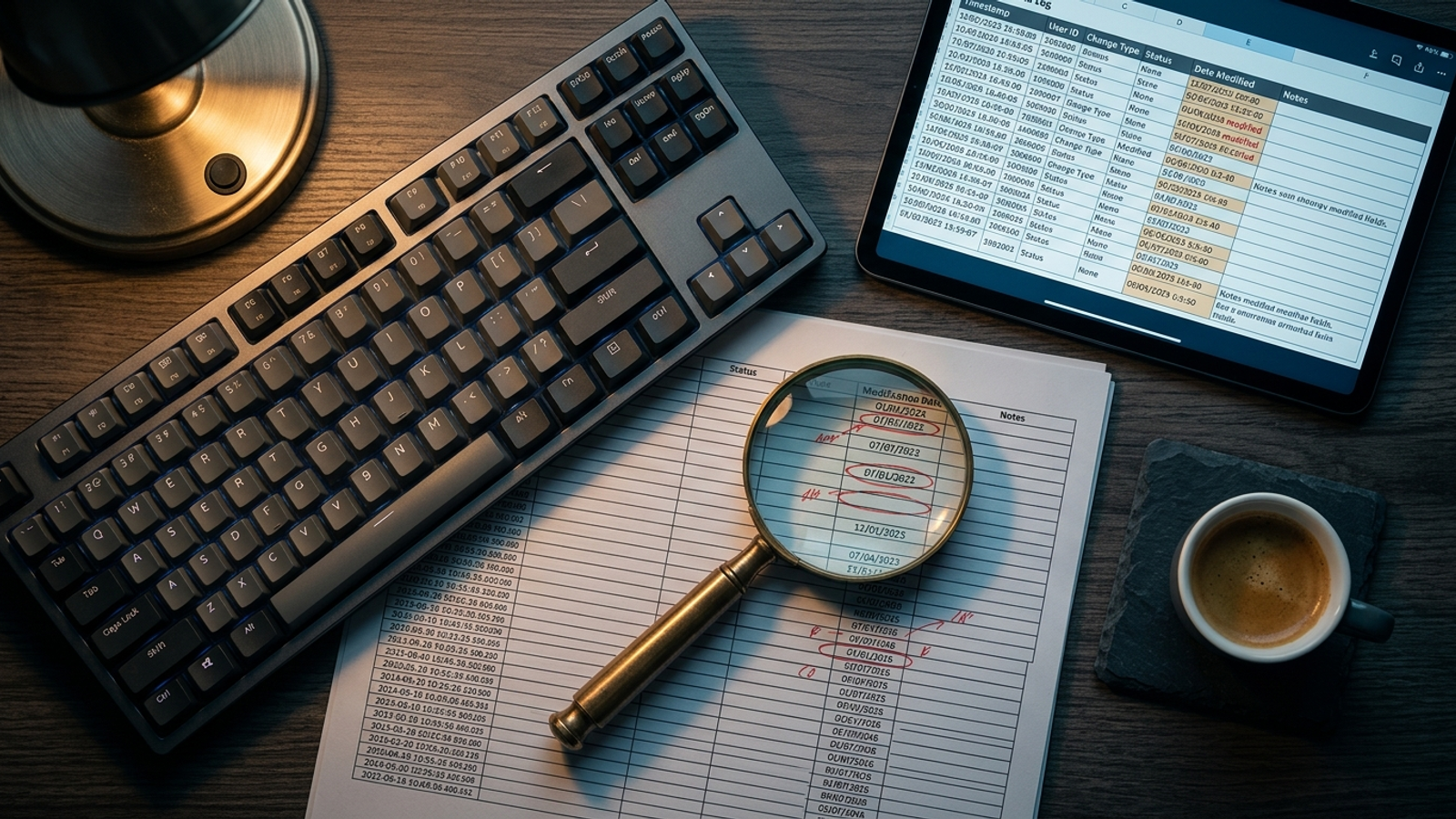 Magnifying glass over a ledger of timestamped account changes beside an espresso cup.