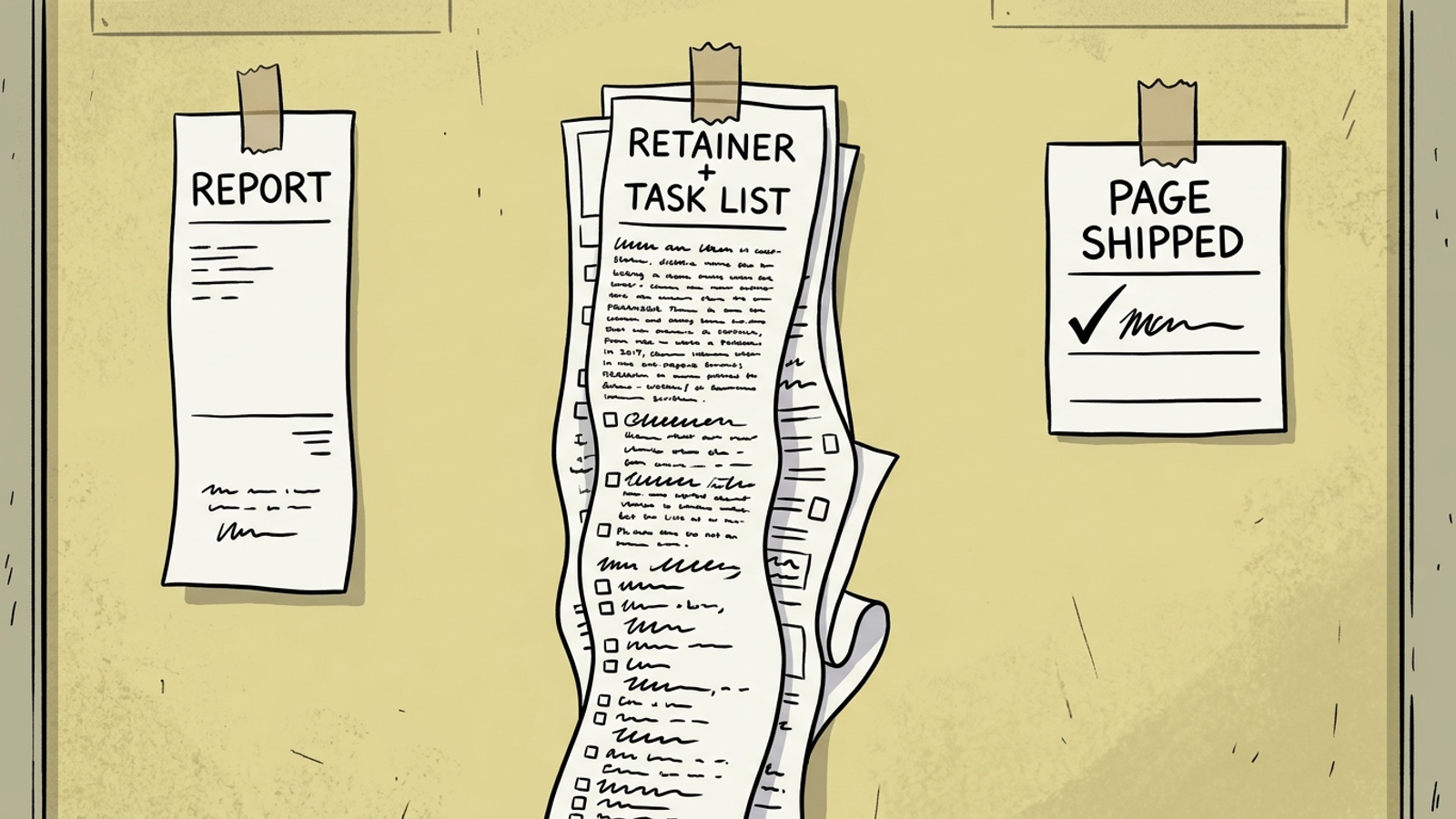 Cartoon of three receipts: a dashboard printout, a stack of agency invoices and a work order beside a finished page