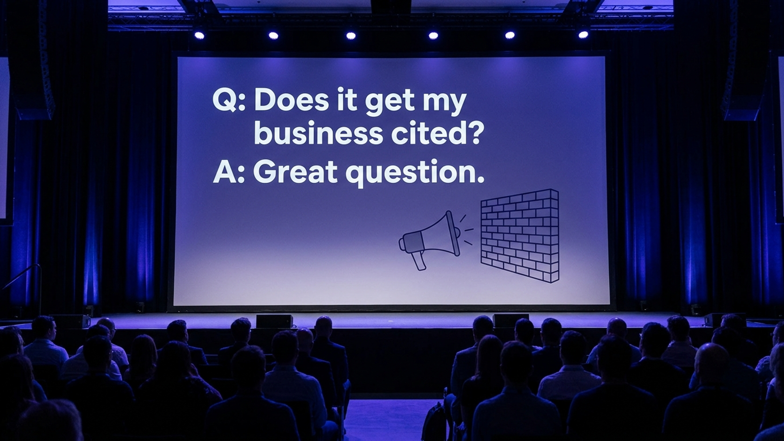 VisibilityPulse Pro keynote FAQ slide showing “Does it get me cited?” beside the answer “Great question.”