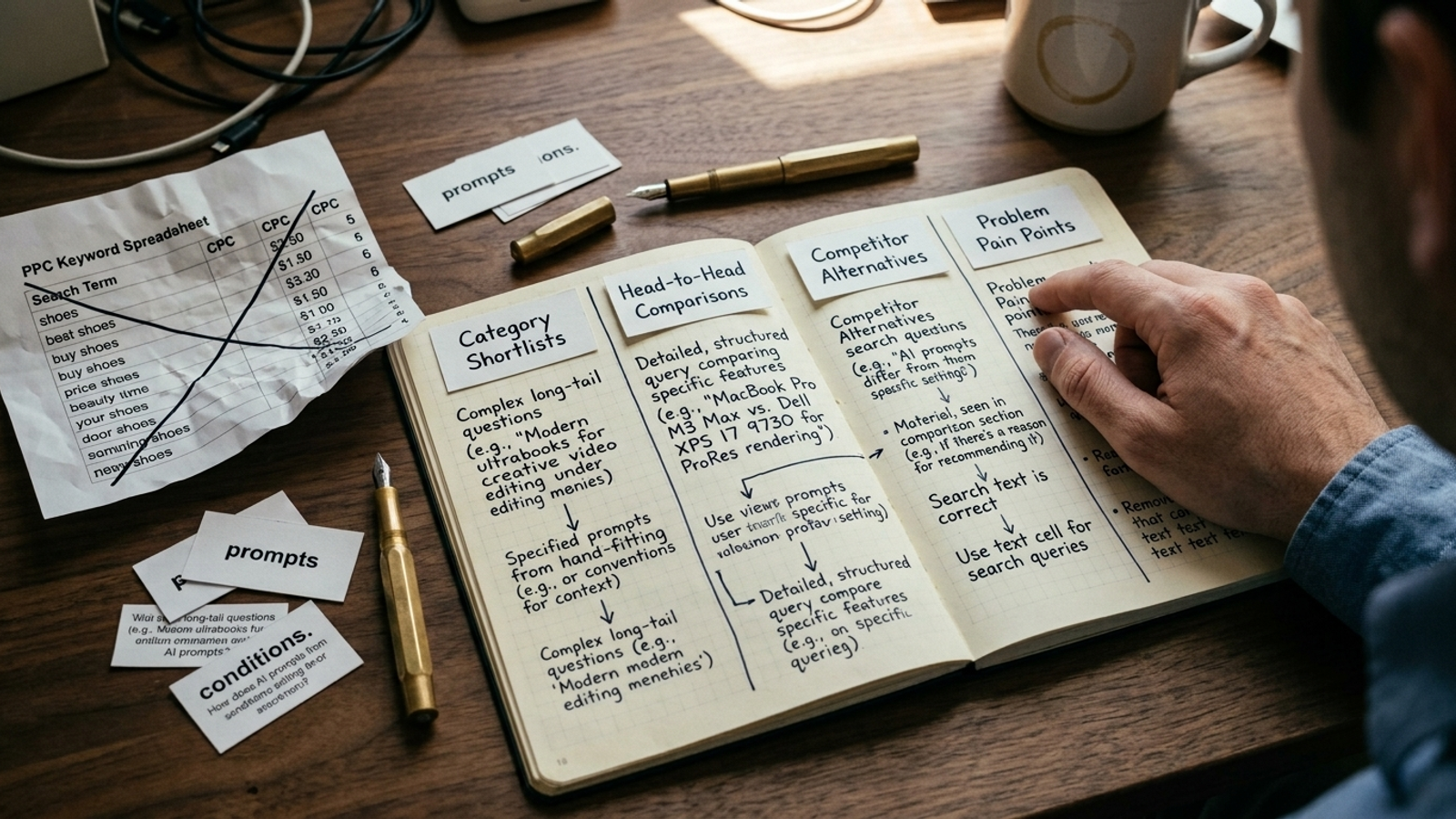 A notebook page dividing buyer prompts into four operational categories beside a crumpled keyword list.
