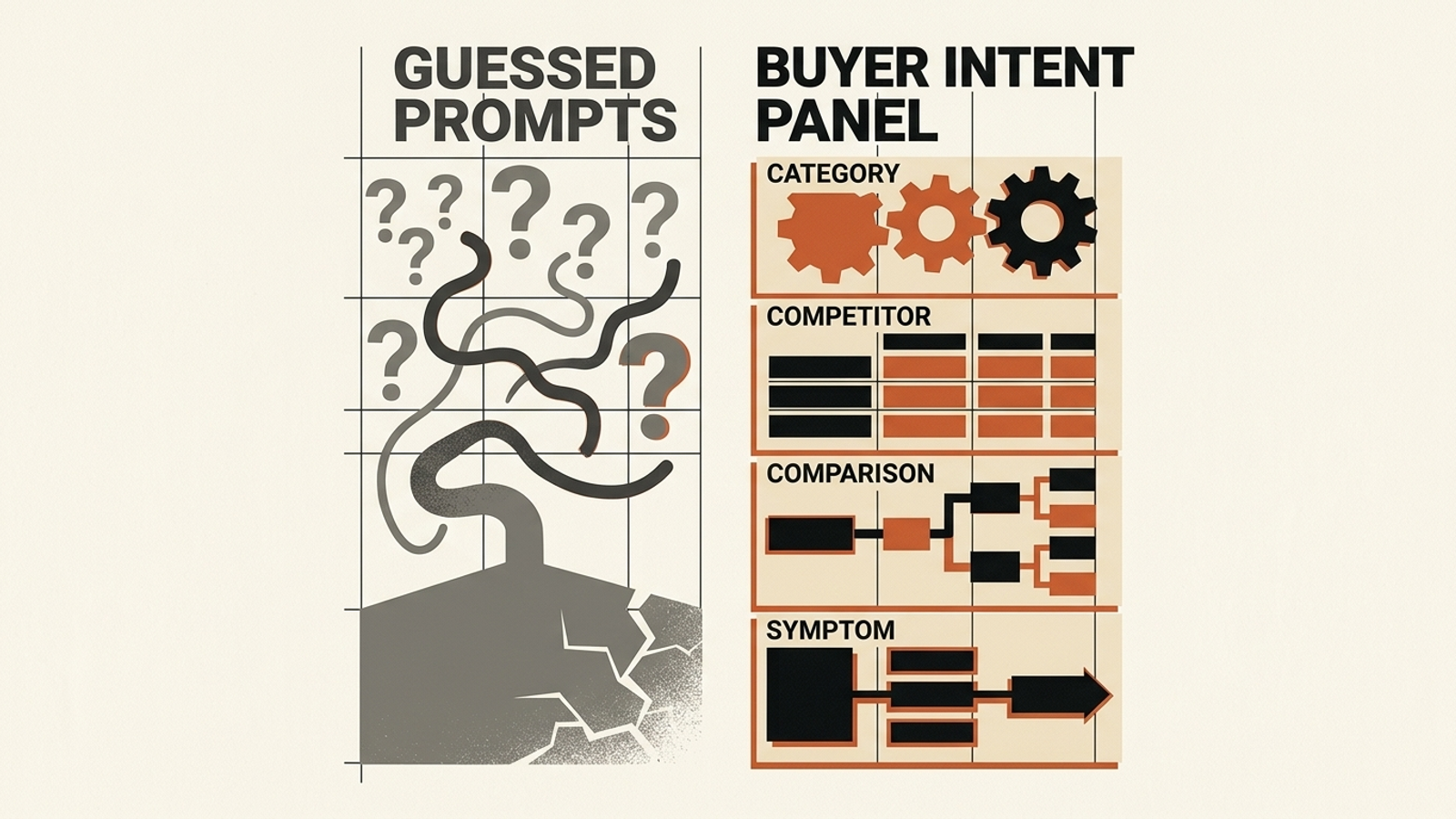 A minimal graphic poster showing a diagnostic prompt panel sorting search inputs into tested and failed candidate sets.