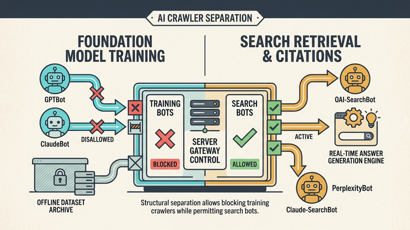 Diagram separating AI model training crawlers from search retrieval bots for OpenAI, Anthropic, and Perplexity