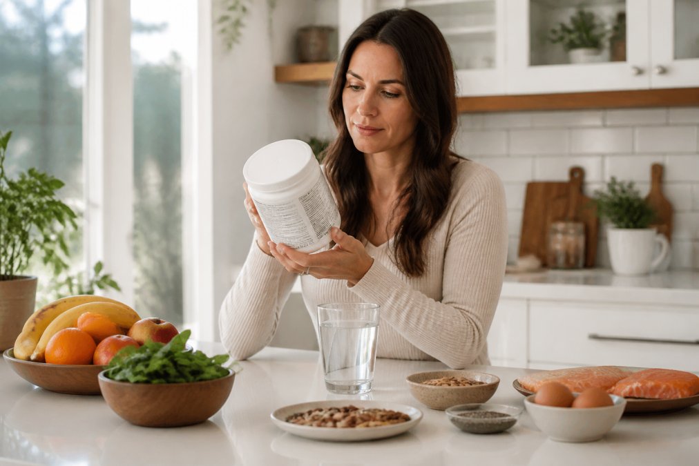 Woman in her thirties examining a container of collagen for hair and nails in a bright kitchen.