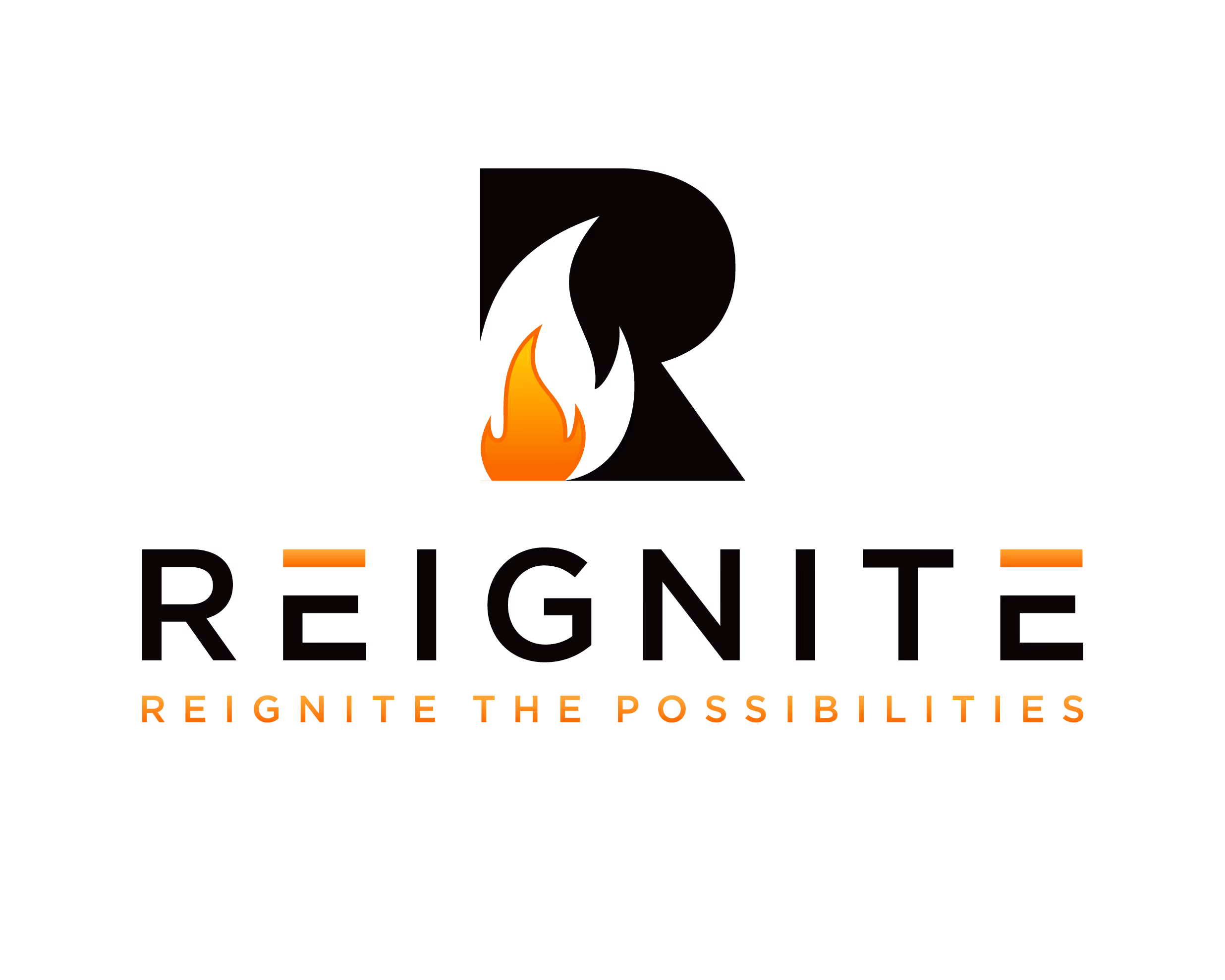 Reignite logo with flame inside letter R, emphasizing brand's motivational tagline
