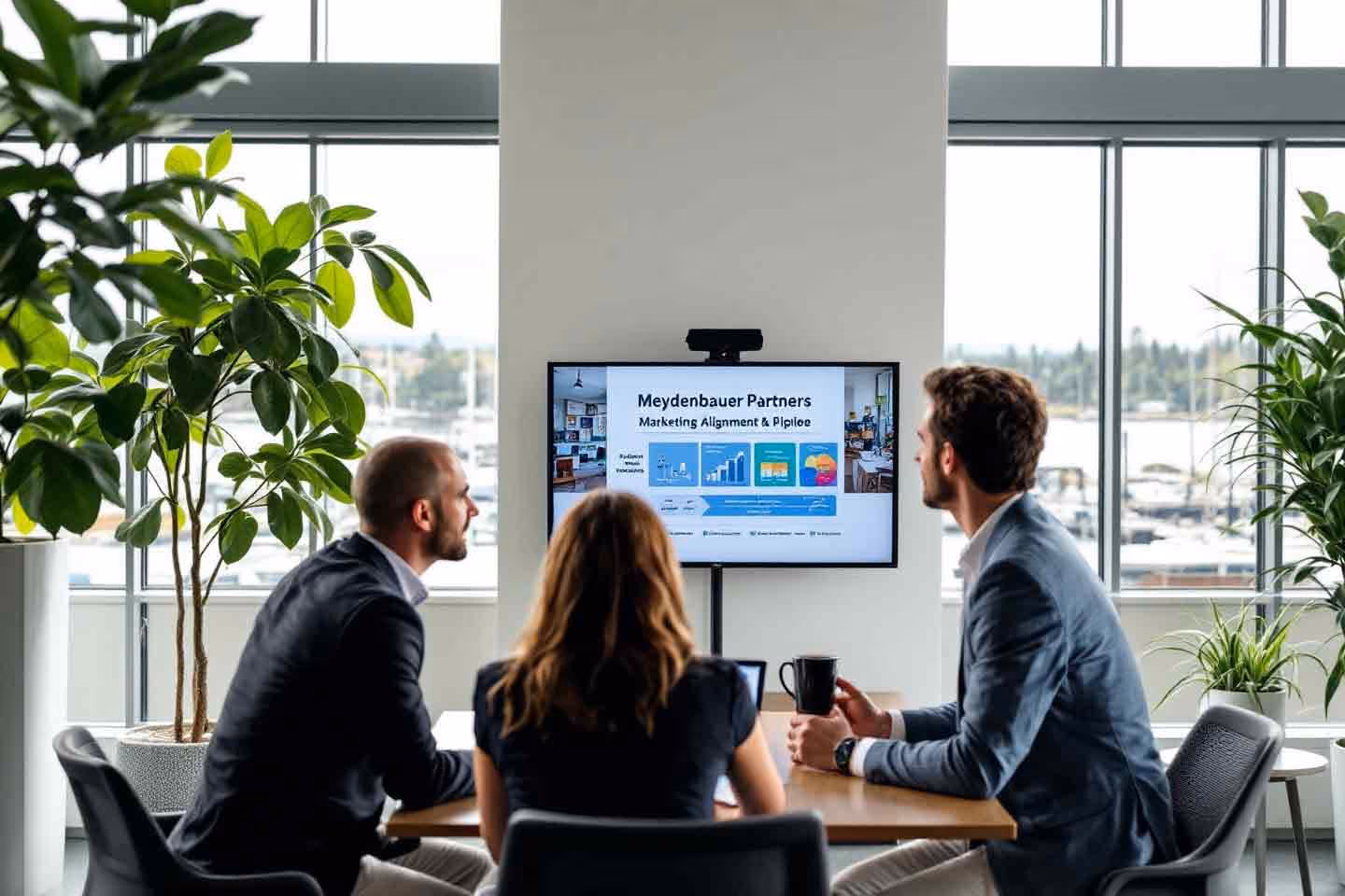 Three business professionals in a modern office watching a marketing presentation on a wall-mounted screen.