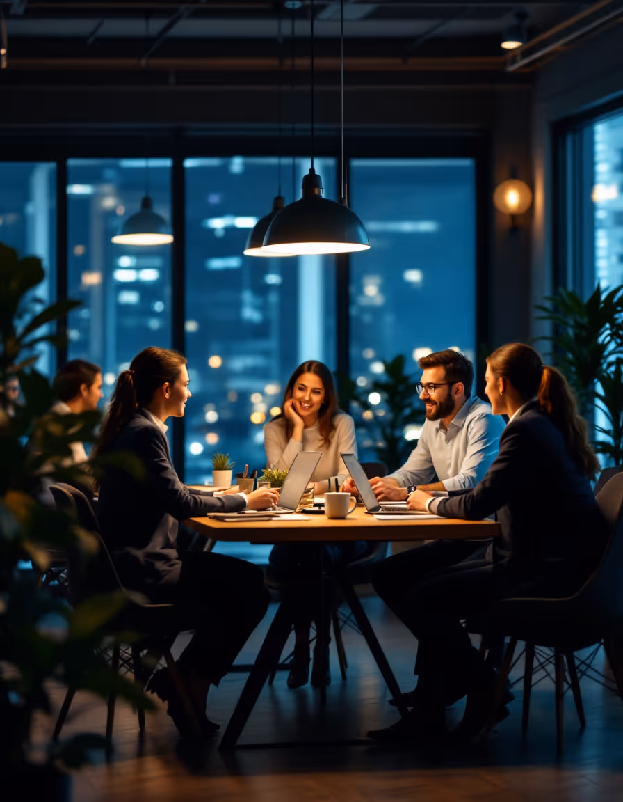 Four colleagues having a meeting with laptops around a table in a modern office at night.