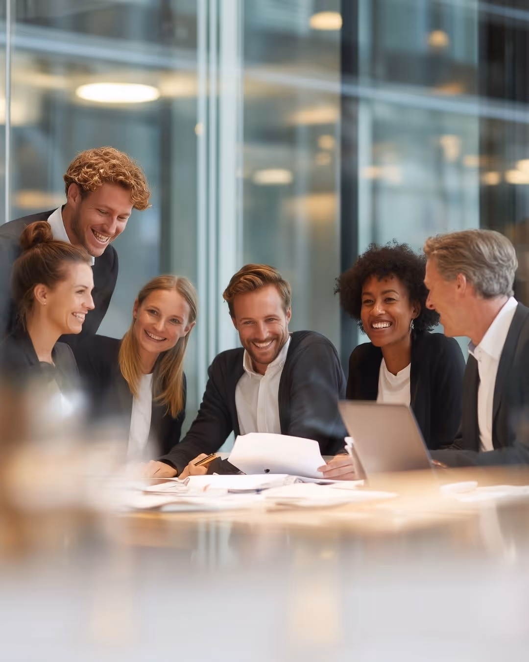 Six diverse business professionals smiling and discussing documents around a table in a modern office.