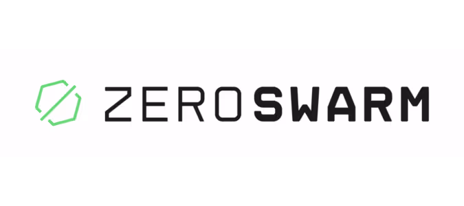 Zero Swarm logo with stylized green hexagon icon and black uppercase text.