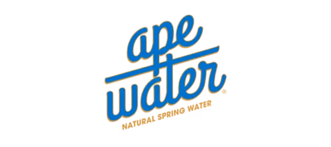 Logo with stylized text 'ape water' and smaller text 'natural artesian water' underneath.
