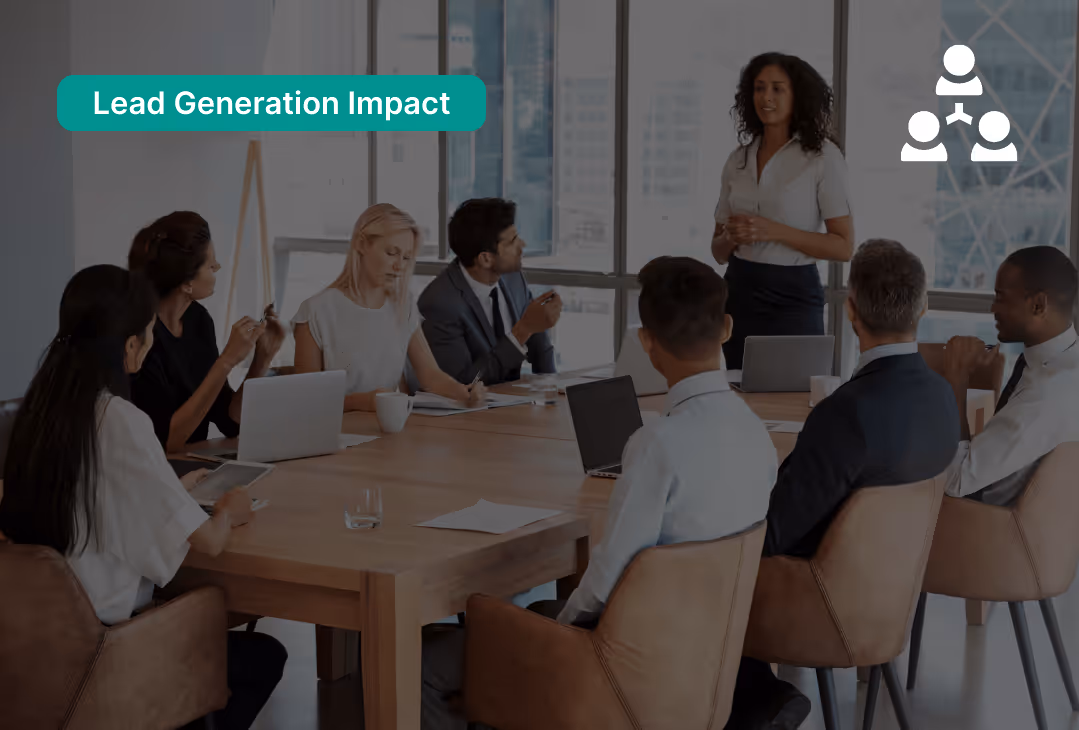 Businesswoman presenting to a mixed group of professionals seated around a conference table in a modern office labeled Lead Generation Impact.