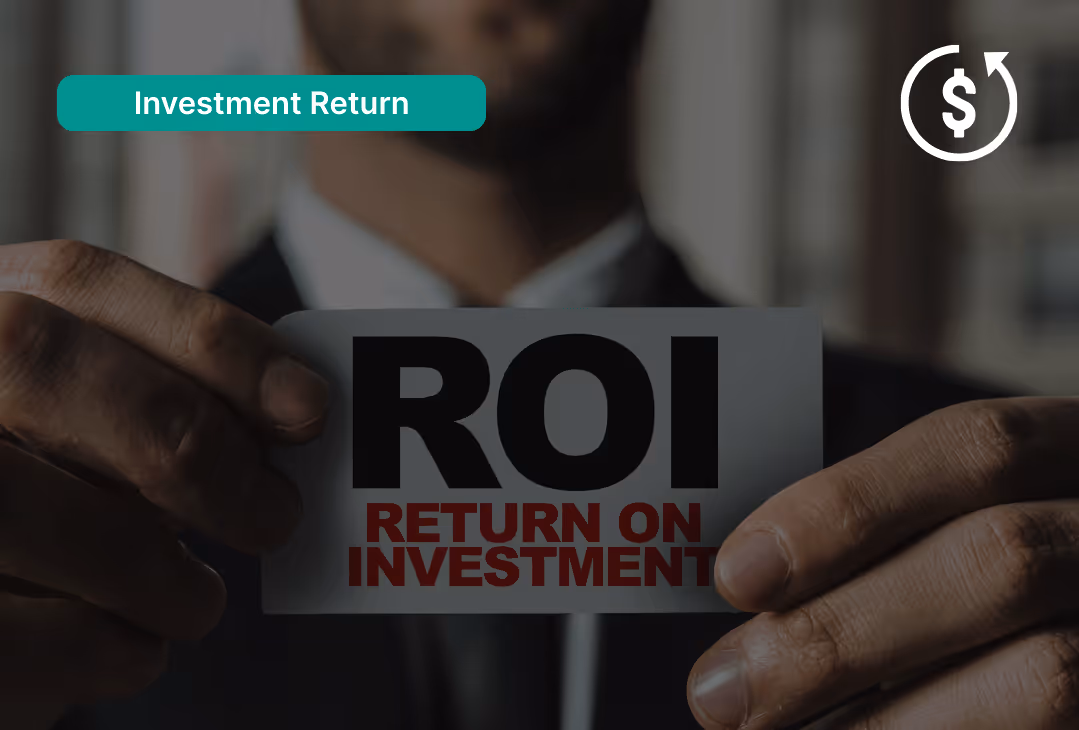 Person holding a card displaying the text 'ROI RETURN ON INVESTMENT' with a label 'Investment Return' and a dollar sign circular arrow icon.