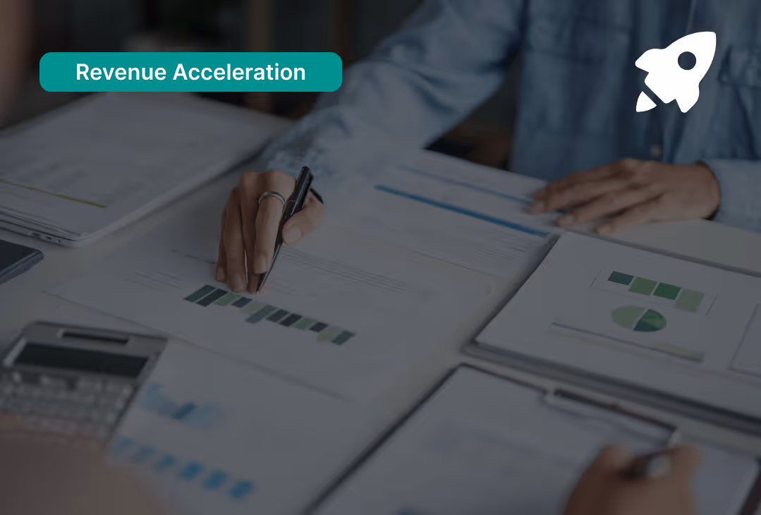 Person analyzing financial documents with charts and graphs on a desk, labeled Revenue Acceleration with a rocket icon.