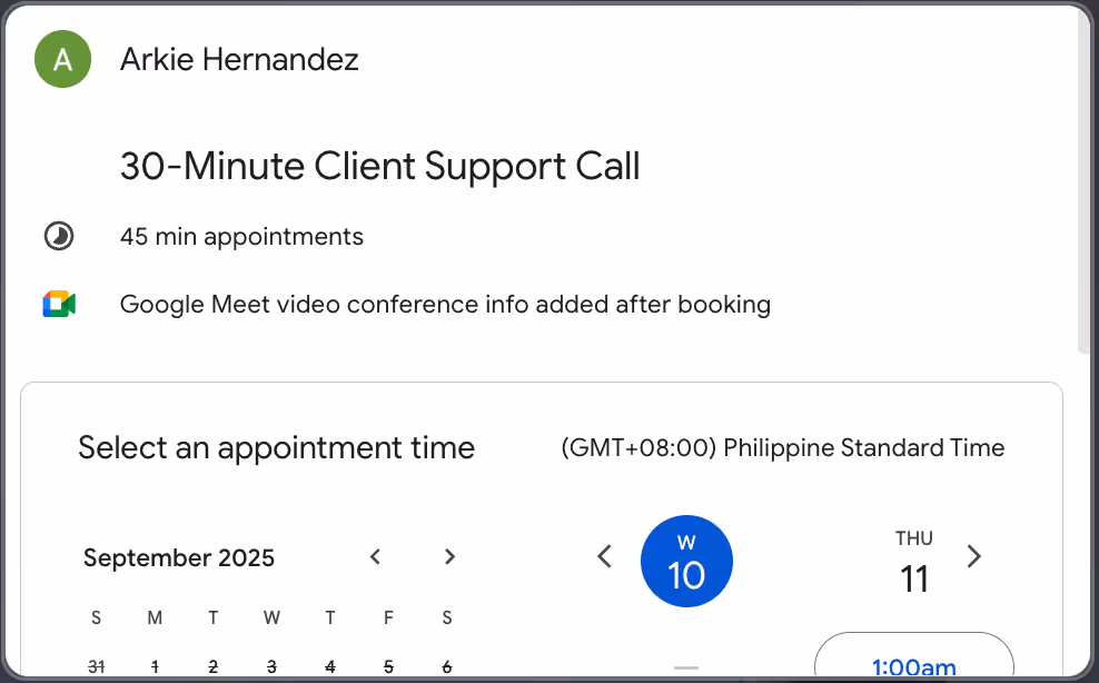 Online booking interface for a 30-minute client support call by Arkie Hernandez, showing 45-minute appointments with Google Meet info, and a calendar for selecting September 2025 dates.