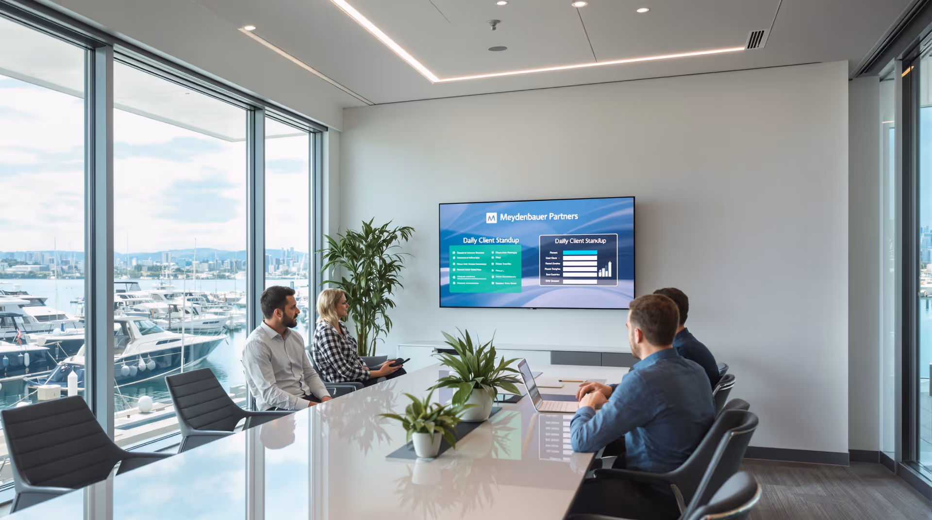 Four people in a modern conference room with a large window view of boats and water, watching a screen showing a presentation titled Daily Client Standup.