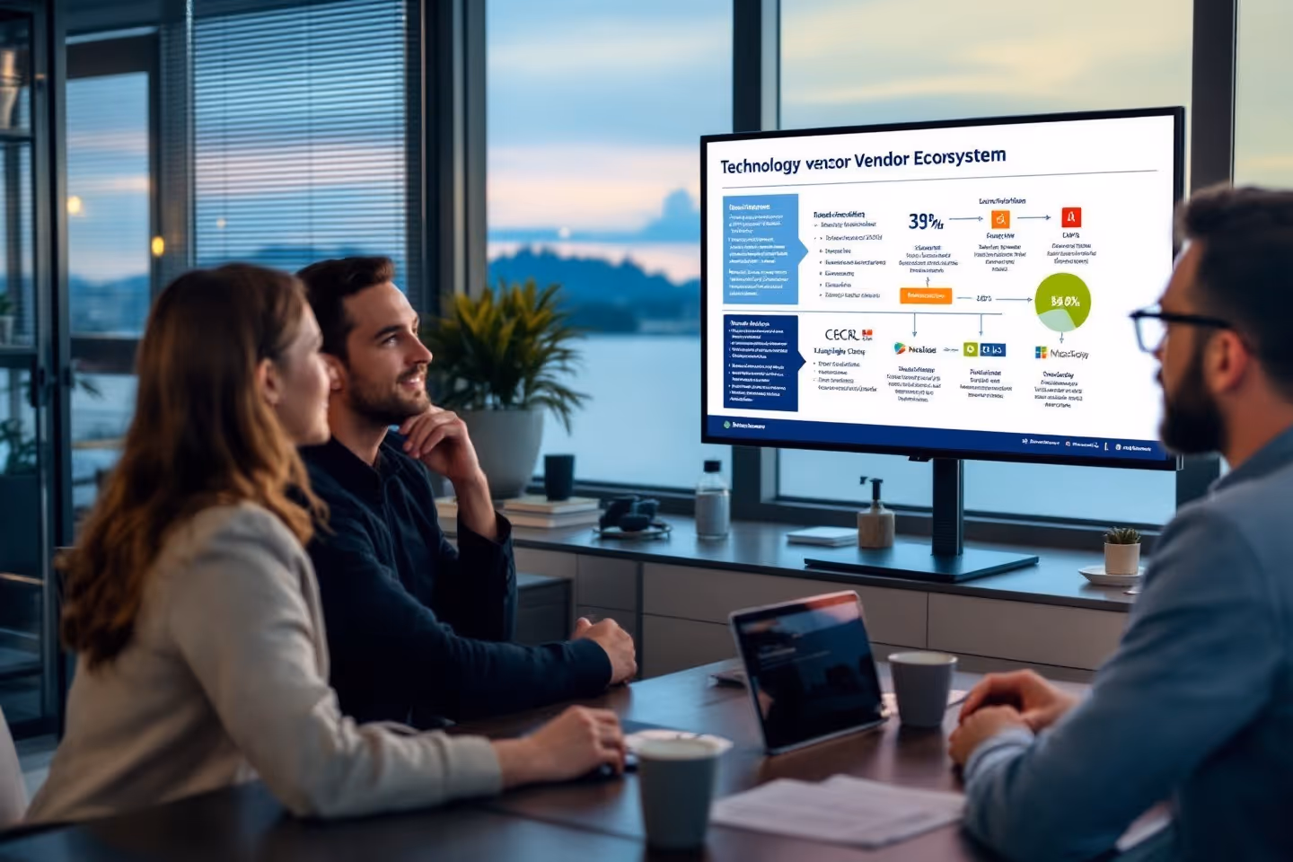 Three colleagues in a modern office watching a large screen displaying a technology vendor ecosystem diagram.