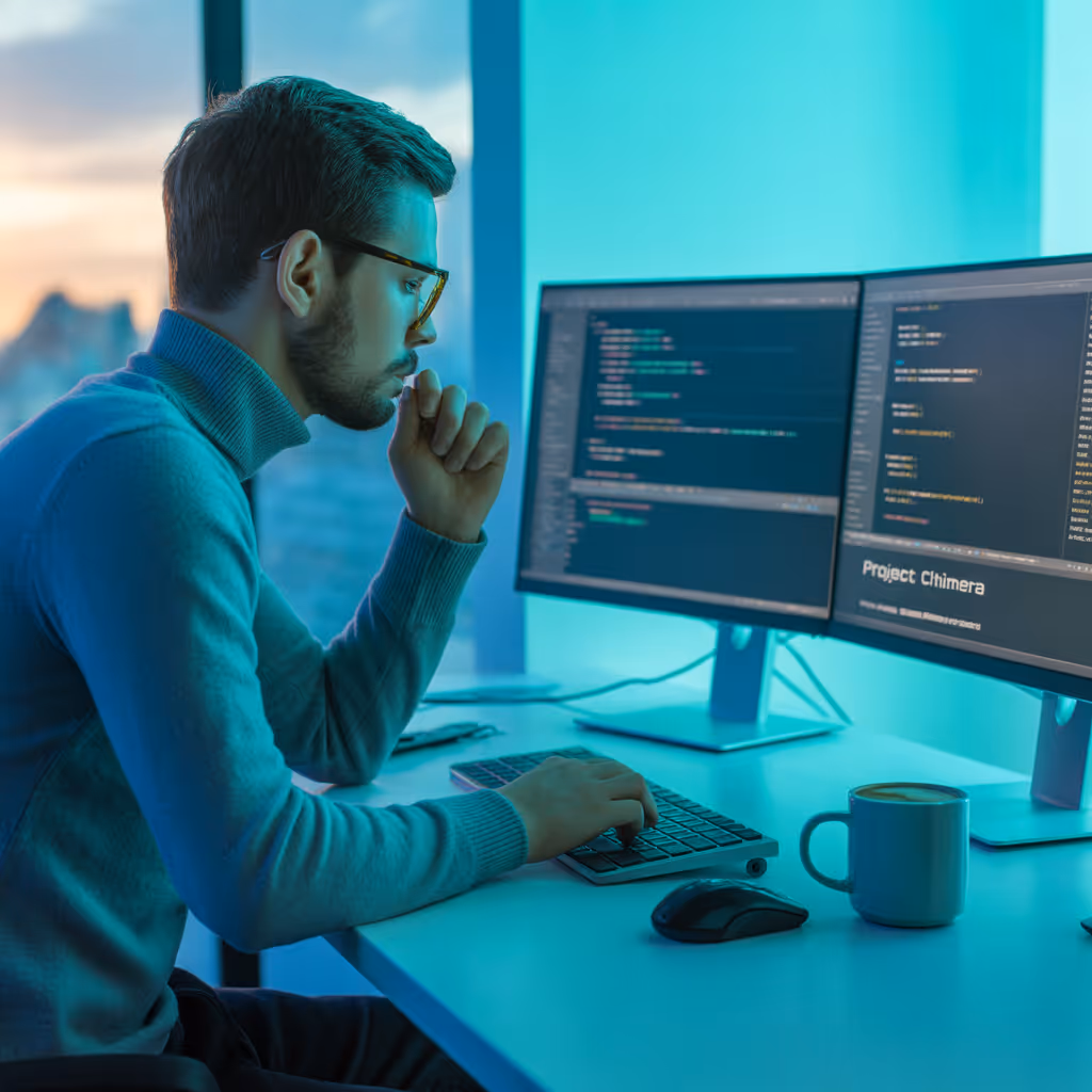Man in glasses working on code on dual monitors at a desk with a coffee mug, against a window backdrop at dusk.