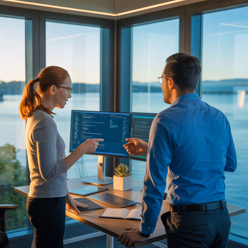 Two professionals discussing code displayed on dual monitors in a modern office with a waterfront view.