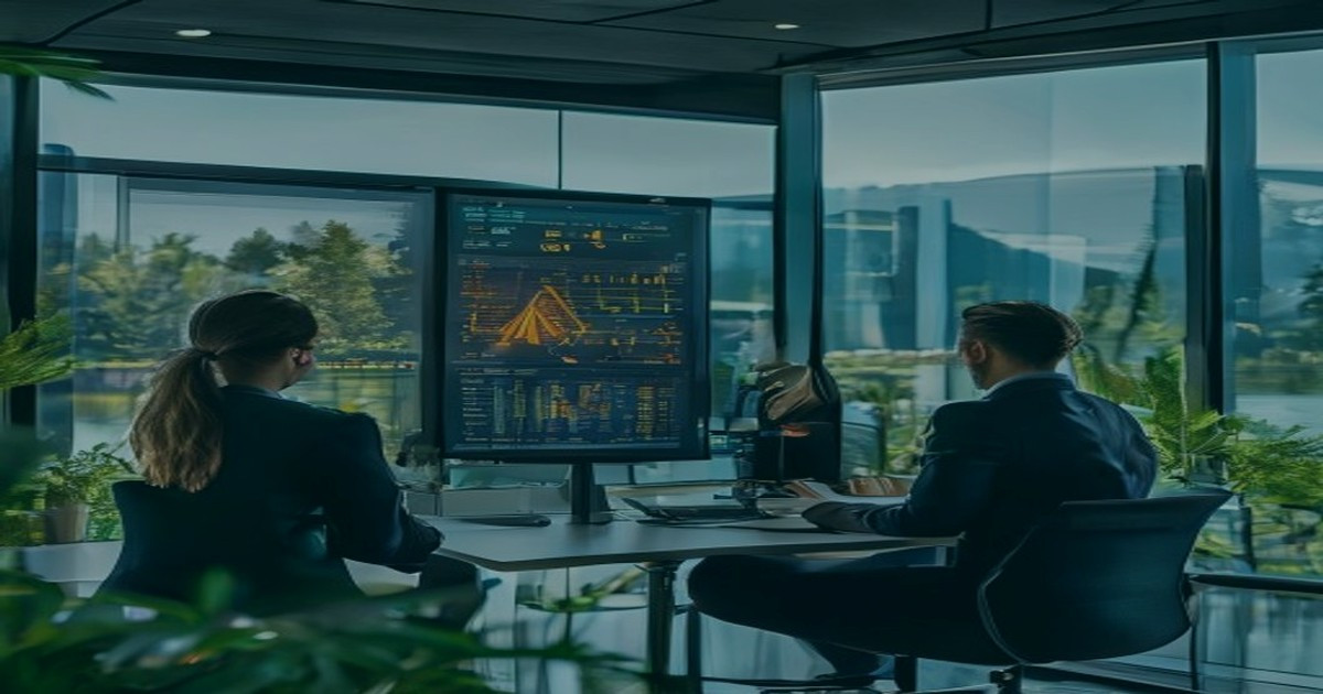 Business professionals reviewing AI metrics dashboard
