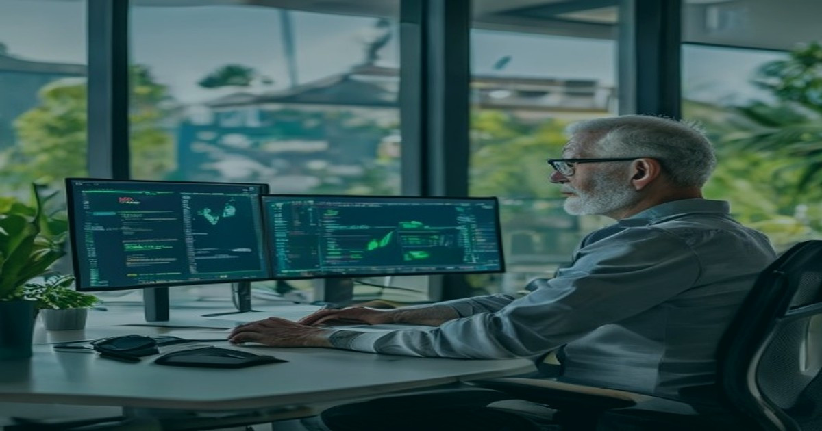 Engineer with architecture diagrams and deployment dashboard
