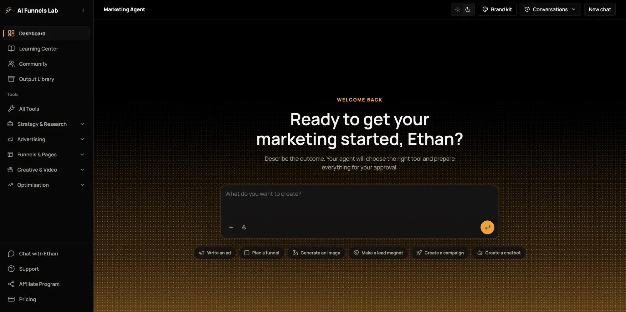 AI Funnels Lab dashboard with the Marketing Agent