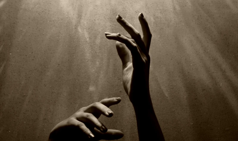 two hands reaching upward toward light