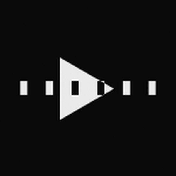 Animated progress bar with a large gray play button shape moving horizontally on a black background.