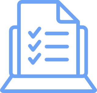 An icon of a document coming out of a laptop computer, featuring check marks and list items in blue.