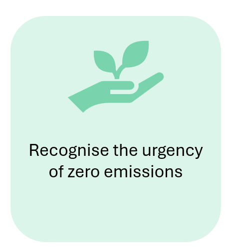 The icon is of a hand holding a small leafy plant.

The text says 'recognise the urgency of zero emissions'