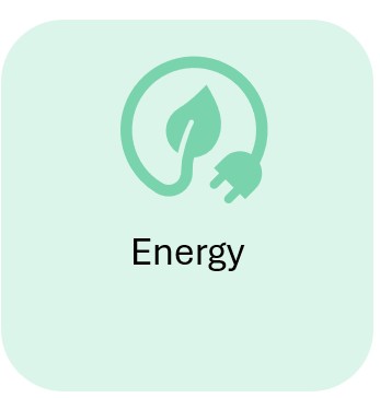 Icon of a power cable arranged in a circle, with a leaf on one end and a power plug on the other. 

The text reads 'Energy'