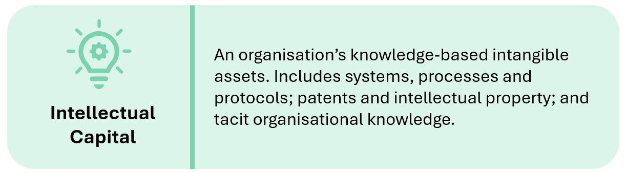 Intellectual Capital
An organisation’s knowledge-based intangible assets. Includes systems, processes and protocols; patents and intellectual property; and tacit organisational knowledge.
