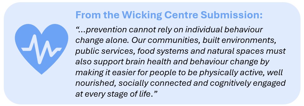 From the Wicking Centre Submission:

“…prevention cannot rely on individual behaviour change alone. Our communities, built environments, public services, food systems and natural spaces must also support brain health and behaviour change by making it easier for people to be physically active, well nourished, socially connected and cognitively engaged at every stage of life.”
