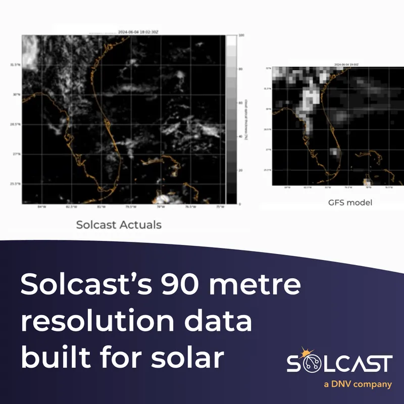 What is the spatial resolution of Solcast's global irradiance, weather and PV power data?