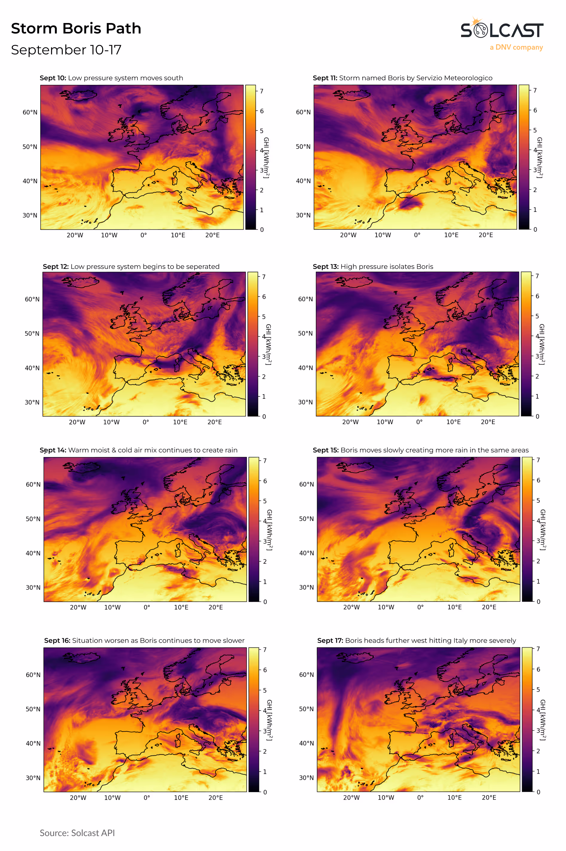 A map progression showing the path of Storm Boris in Europe