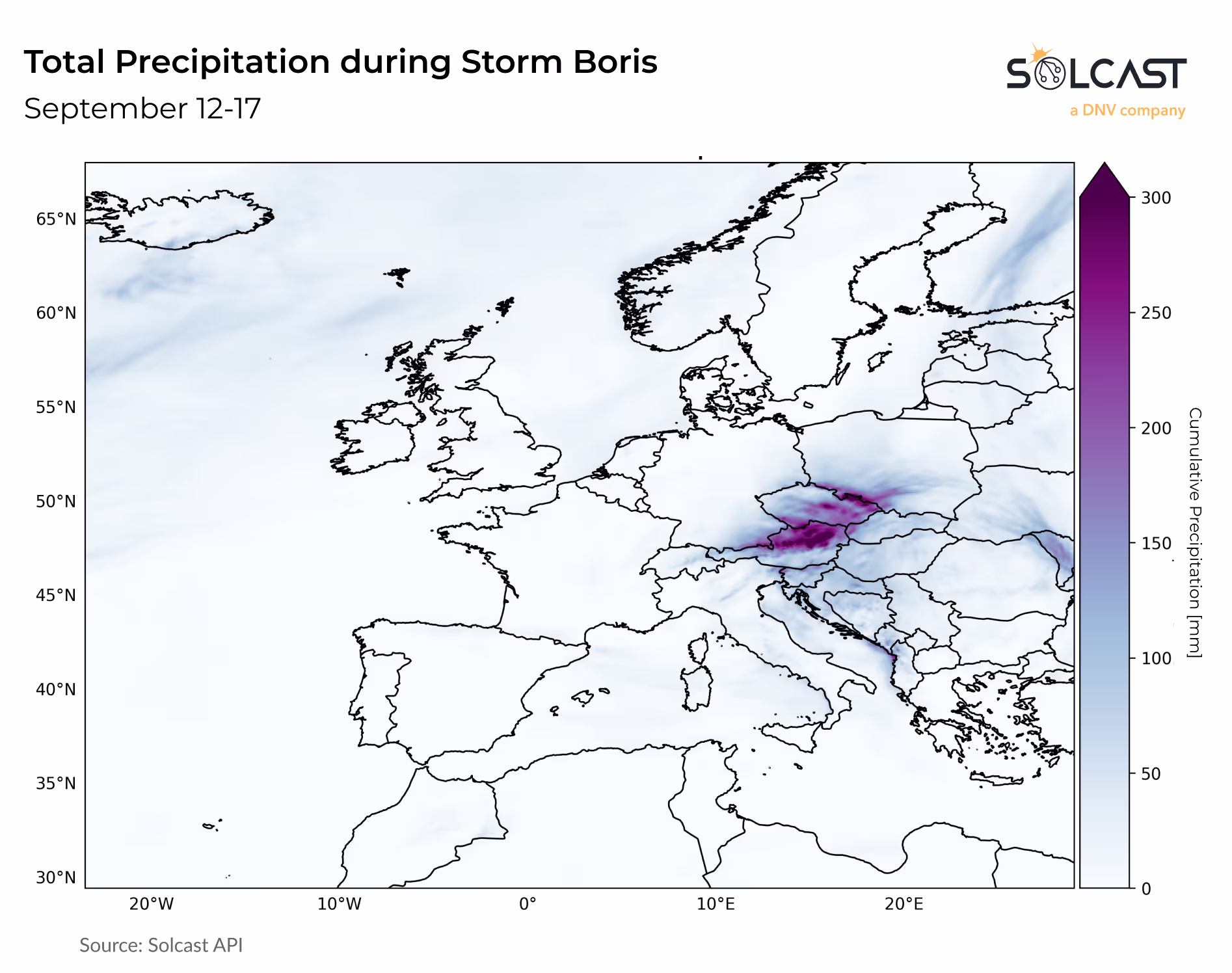 A map showing the precipitation level during Storm Boris