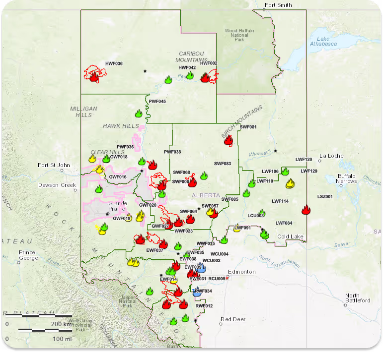 A widlfire status dashboard showing the active fires in Alberta