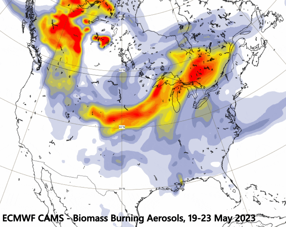 A GIF showing the movement of aerosols in North America in May 2023