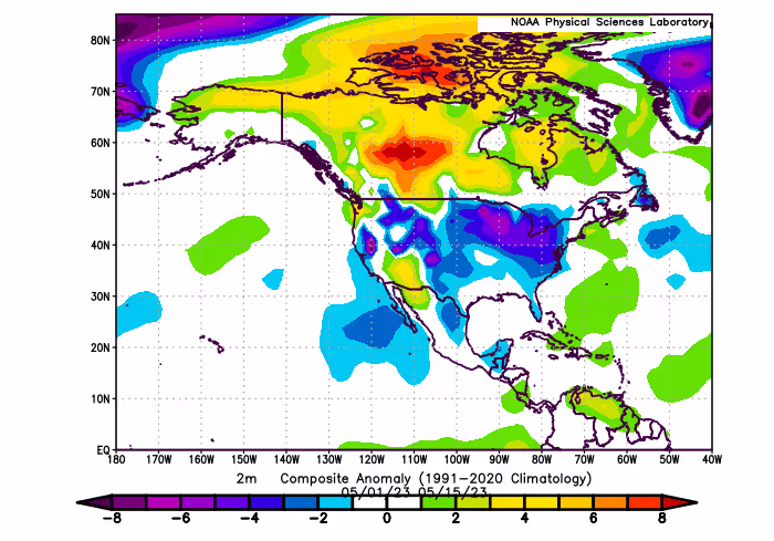 A map showing the temperature anomalies for Alberta