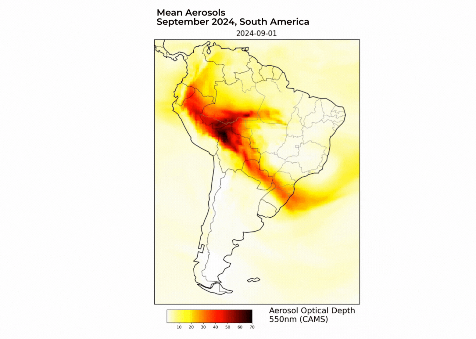 A GIF showing the mean aerosols in South America in September 2024