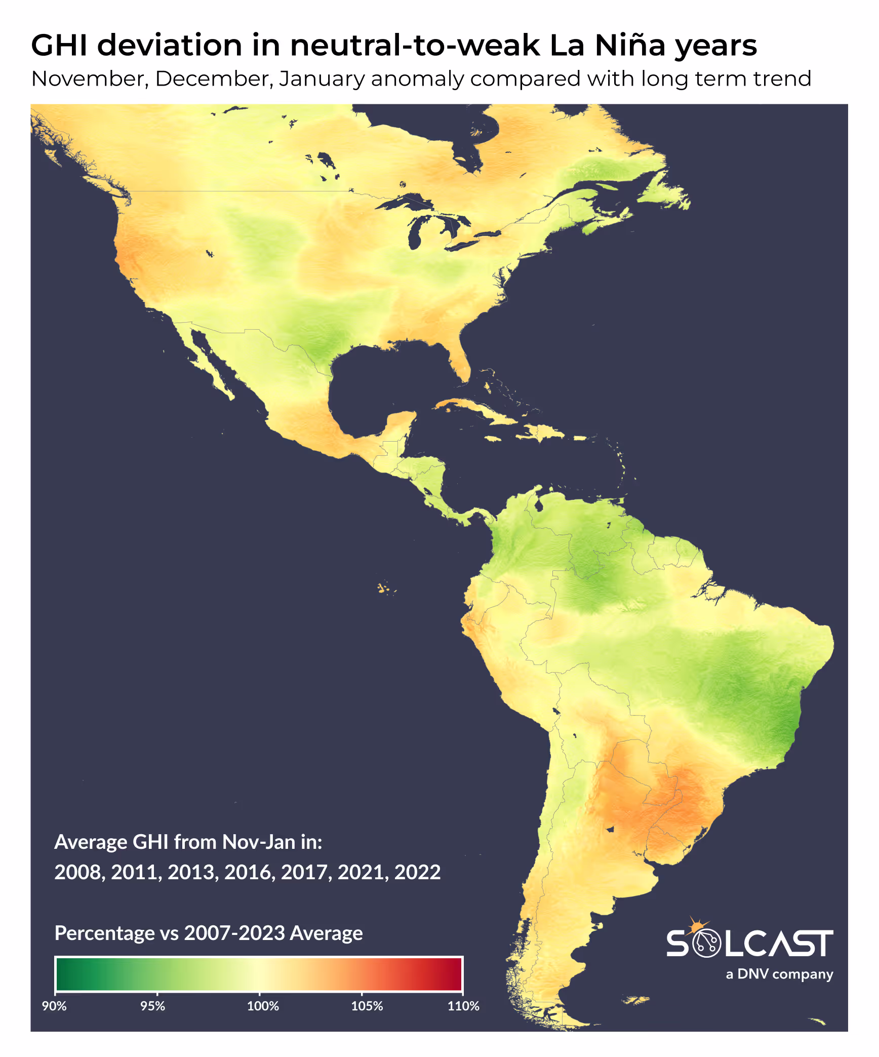 A map showing the GHI deviation in neutral-to-weak La Nina years